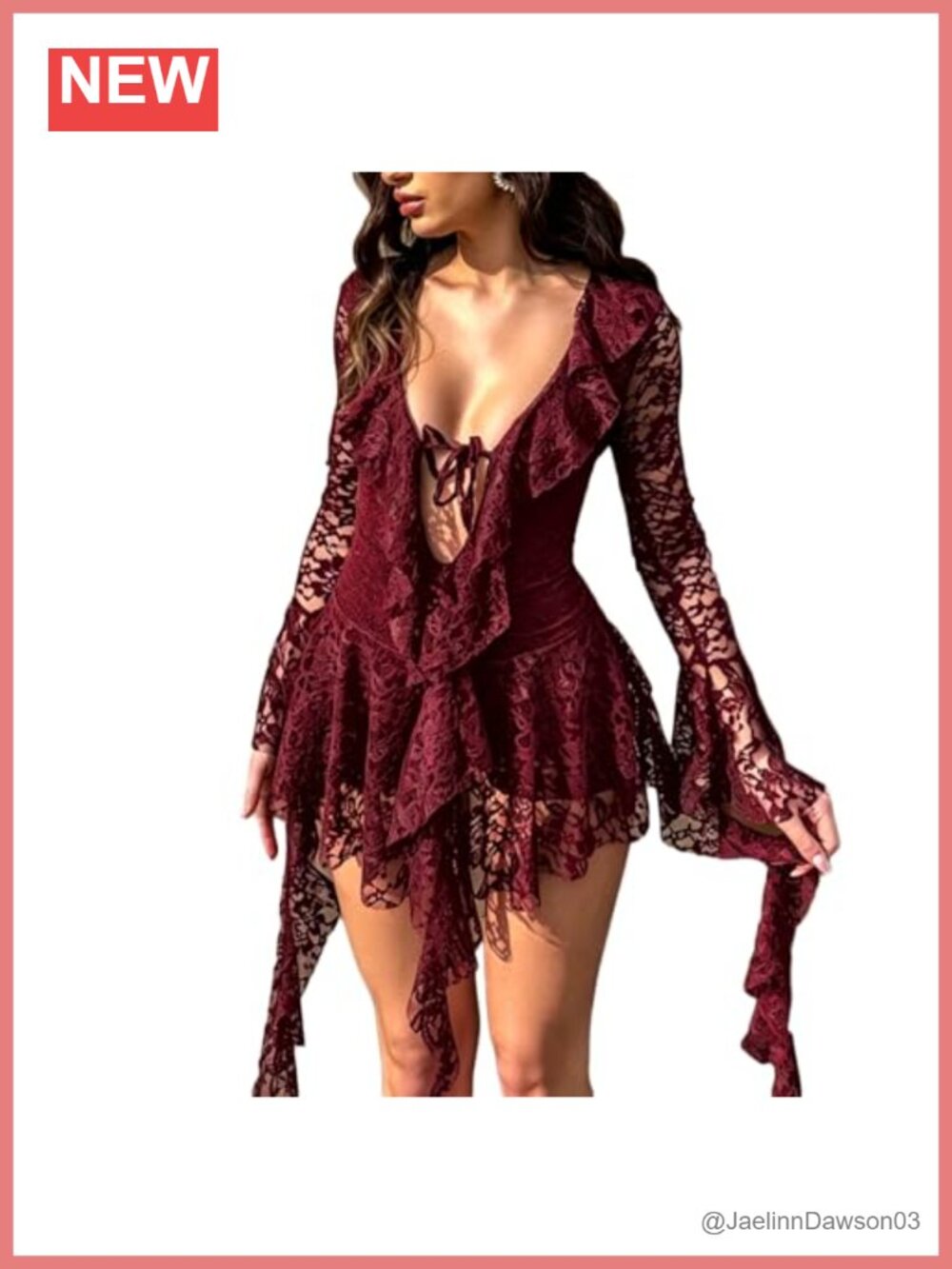 Lace Mini Dress Sheer Mesh Tie-Up Front Deep V Ruffle Flowy